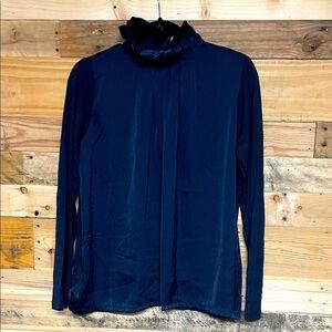 Banana Republic size S Midnight Blue Satin Long Sleeve Victorian Collar Blouse